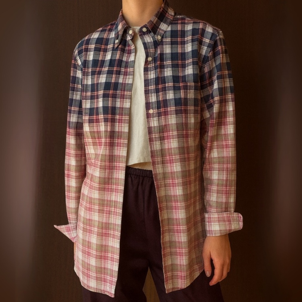 Men’s Plaid Reworked Bleached Ombré Button Down Shirt Size Medium